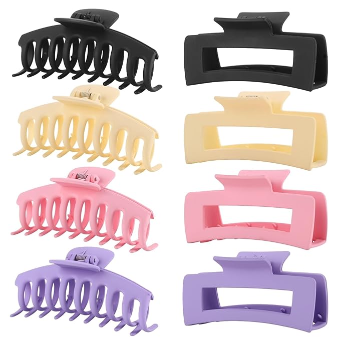 LuSeren 8 Pack Hair Clips for Women 4.3 Inch Large Hair Claw Clips for Women Thin Thick Curly Hair, Big Matte Banana Clips,Strong Hold jaw clips Black Purple Beige Pink