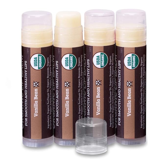 Earth's Daughter USDA Organic Lip Balm 4-Pack Vanilla Flavor - Beeswax, Coconut Oil, Vitamin E - Best Lip Repair Chapstick for Dry Cracked Lips.