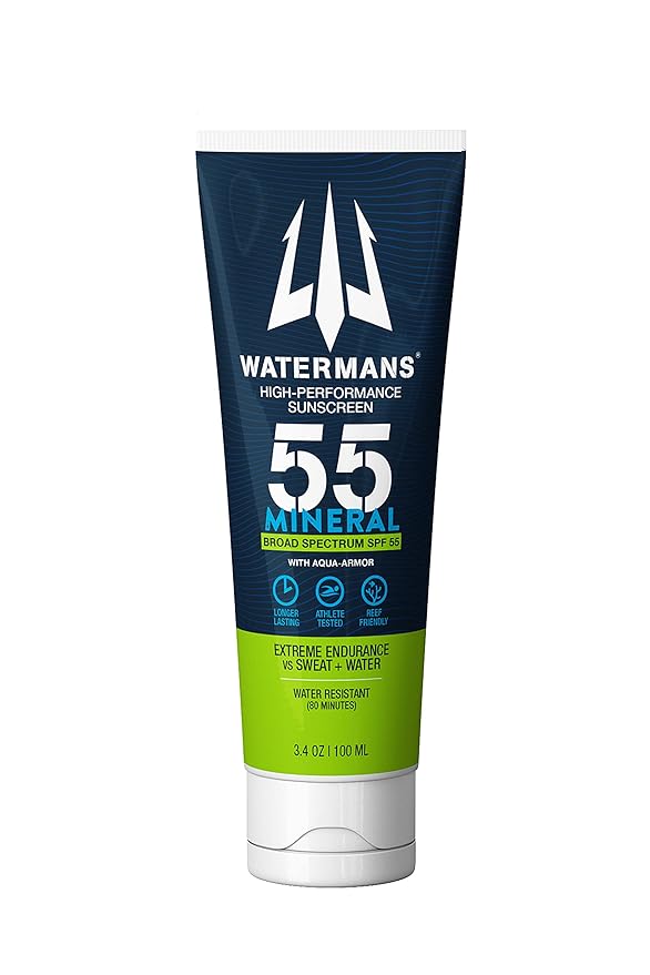 Watermans Mineral SPF 55 Sunscreen with Zinc, Aqua-Armor, Broad Spectrum Sunscreen for Face and Body, Reef Safe Sunscreen, Water Resistant, Mineral Sunscreen