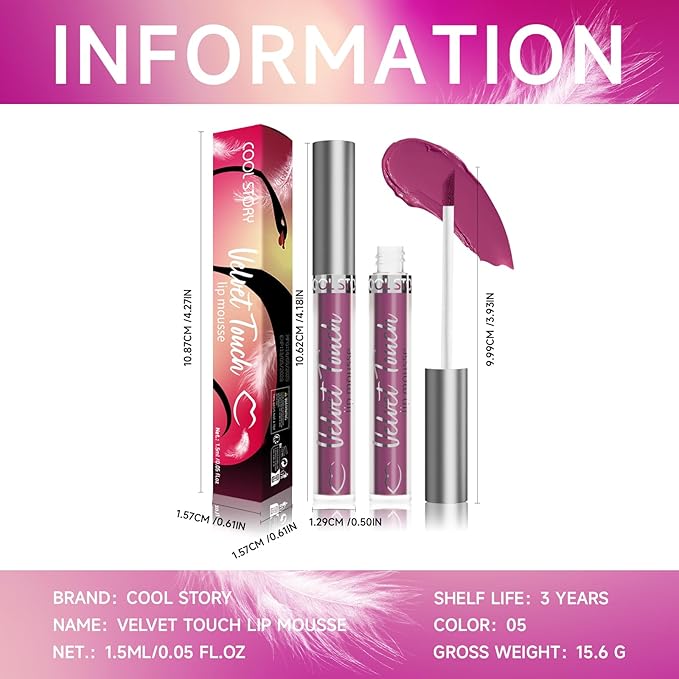 COOL STORY Velvet Lip Stain Mousse, Lip Tint Long-Lasting Waterproof Matte Finish (05)