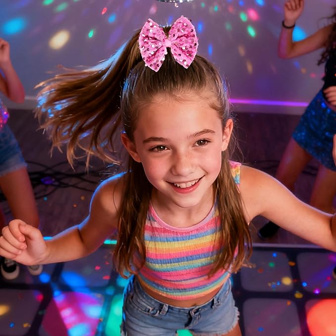 Velvet Sequin Hair Bows Elegant Pink Bow for Women Girls, 4in Glitter Handmade Hair Clips Alligator Clips Ponytail Holder Sparkly Hair Accessories for Christmas, Birthday Party, Wedding, Valentines