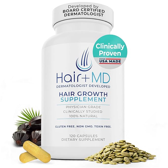 Hair Plus MD Hair Growth Supplement, 120 Capsules – Supports Hair Growth & Density – Dermatologist-Developed with Collagen & Vitamins – Gluten-Free, Toxin-Free, Non-GMO – 1 Month Supply