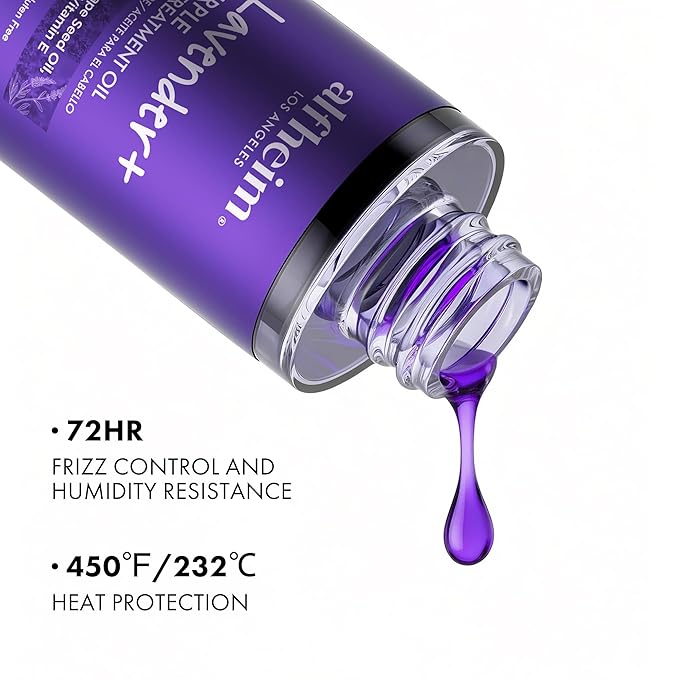 ALFHEIM Lavender+ Purple Hair Oil for Blonde, Silver & Color-Treated Hair – Anti-Brass & Frizz Control Serum – Restores Shine, Smoothness & Cool Radiance – with Grape Seed Oil – 3.38 oz / 100 ml
