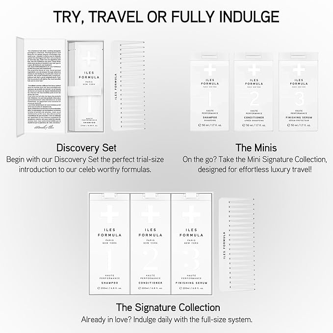 ILES FORMULA Signature Collection Discovery Set – Hydrating Trial Size Shampoo & Conditioner w/Sample Finishing Serum Blow Dry Cream for Dry, Damaged, Frizzy Hair - Salon Grade Hair Care Sampler