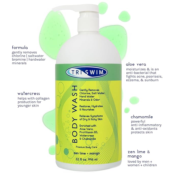 TRISWIM Chlorine Removal Body Wash 32 Fl Oz | Removes Chlorine, Bromine, Hard Water Minerals & Saltwater | Hydrates & Restores Skin | Zen Lime + Mango Scent