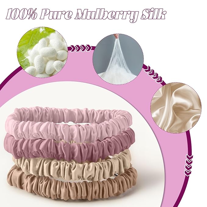 8Pcs Mulberry Silk Scrunchies & Hair Ties - No Crease Skinny Scrunchies Elastic Set for Women All Hair Types, Reduces Breakage (Dusty Rose & Beige Palette)