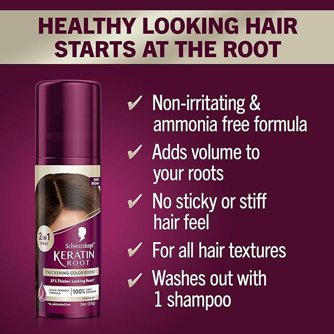 Schwarzkopf Keratin Root Temporary Hair Color Spray, Dark Brown, Instant Gray Coverage, Thicker, Fuller-Looking Roots, Easy-to-Use, No Ammonia, Low Mess Application, Scalp Friendly