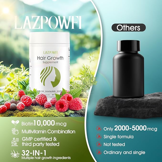 Hair Growth Supplement, Biotin 10000mcg, 32-in-1 with Vitamin A, B3, C, Magnesium, Calcium, Hair Growth Products, Supports Hair & Nails Natural Growth Vitamins, for Women & Men - 30 Servings