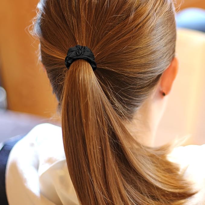 WILLBOND 30 Pcs Small Satin Silk Scrunchies Bulk for Women, Thin Hair Ties Mini Scrunchy Bands Skinny Ponytail Holders for Thick Curly Hair Pony Tails Wrist Decor(Black, Gold)