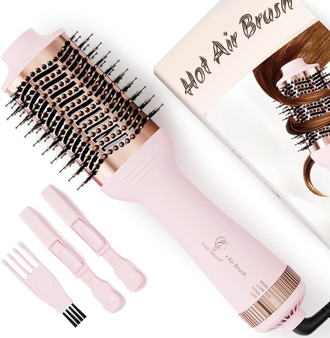 Big Size 1200W Dual Voltage Hot Air Brush Dryer, 110-240V 4 in 1 Ionic Blowout Hair Dryer Brush & Styler Volumizer with 75MM Oval Titanium Barrel for Long & Thick Hair