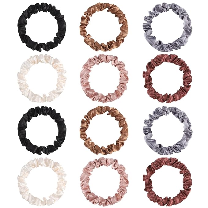 12Pcs Satin Scrunchies, Coffee Color Series Satin Hair Ties Elastic Hair Bands Ponytail Holder Valentine's for Wife