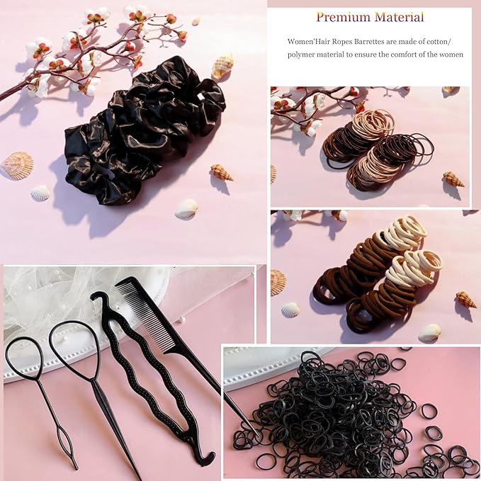YANRONG 755PCS Hair Accessories for Woman Set Seamless Ponytail Holders Variety Hair Scrunchies Hair Bands Scrunchy Hair Ties For Thick and Curly (755PCS (black brown))