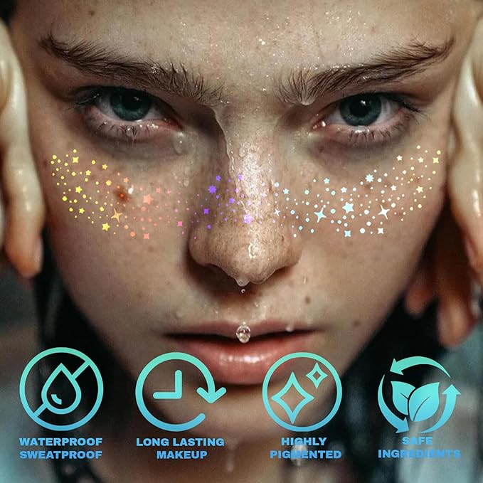 Glitter Freckles, Holographic Face and Body Glitter Tattoo Sparkle for Women Gold Glow Cosmetic Star Makeup Accessories for Festival Rave (12pcs Holographic)