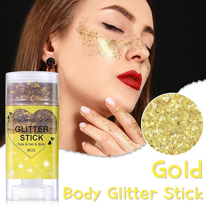 Gold Body Glitter Stick, Halloween Face Glitter Makeup,Holographic Hair Glitters Mermaid Makeup Rave Outfits for Women, Shimmer Face Paint Stick for Christmas (Gold)