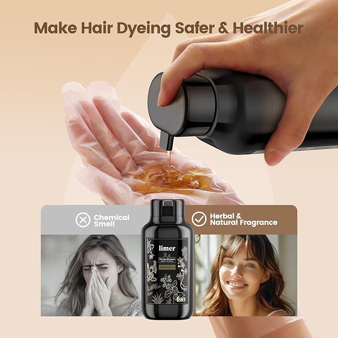 Limer Hair Dye Shampoo, Chestnut Brown 6-in-1 Natural Herbal Hair Color Shampoo, Semi-Permanent Gray Coverage with Pleasant Scent, Ammonia-Free Formula for Women & Men (460ml/15.55fl oz)