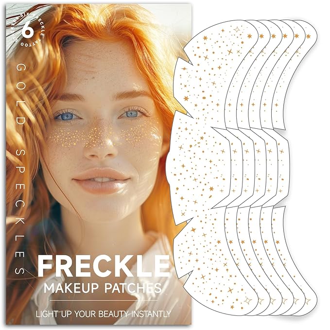 Glitter Freckles Face Tattoo - Freckles Temporary Tattoo Stickers Gold, Face Glitter for Women Girls, Cute Star Sparkle Patches Makeup Accessories for Festival Parties Rave Halloween, Gold 6 Pcs