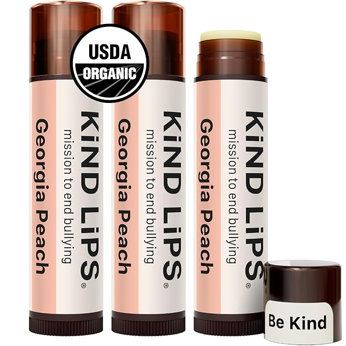 Kind Lips Organic Georgia Peach Lip Balm 3-Pack – Naturally Sweet, Moisturizing Lip Care for Dry Lips • 100% Natural, Clean, Gluten-Free, Grain-Free • Made in USA • Everyday Value chapstick Set