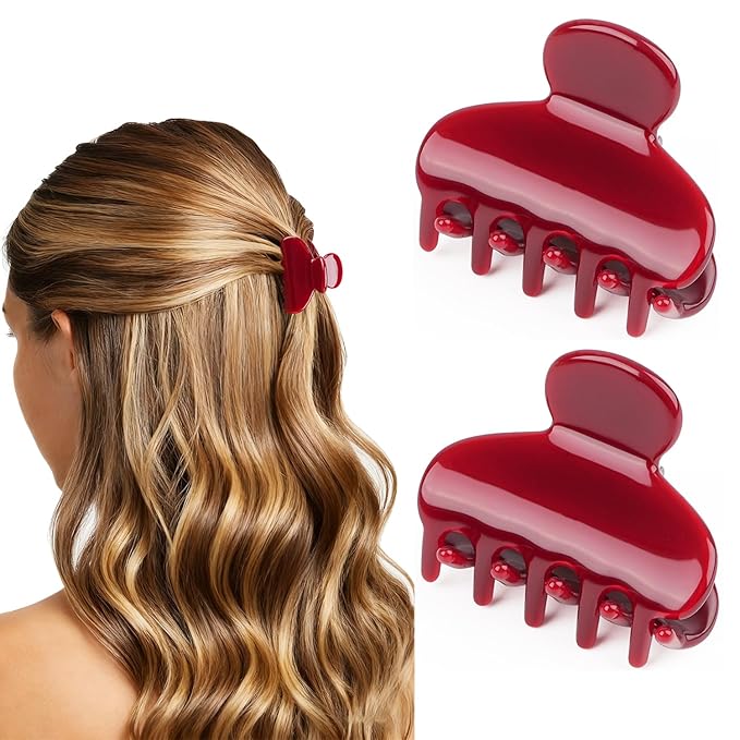 MAORULU 2 Pack Mini Acetate Hair Claw Clips – 1.6 Inch Small Durable Hair Clips for Women & Girls, Strong Hold Tiny Jaw Clips for Bangs & Half Up Hairstyles (Cherry Red)