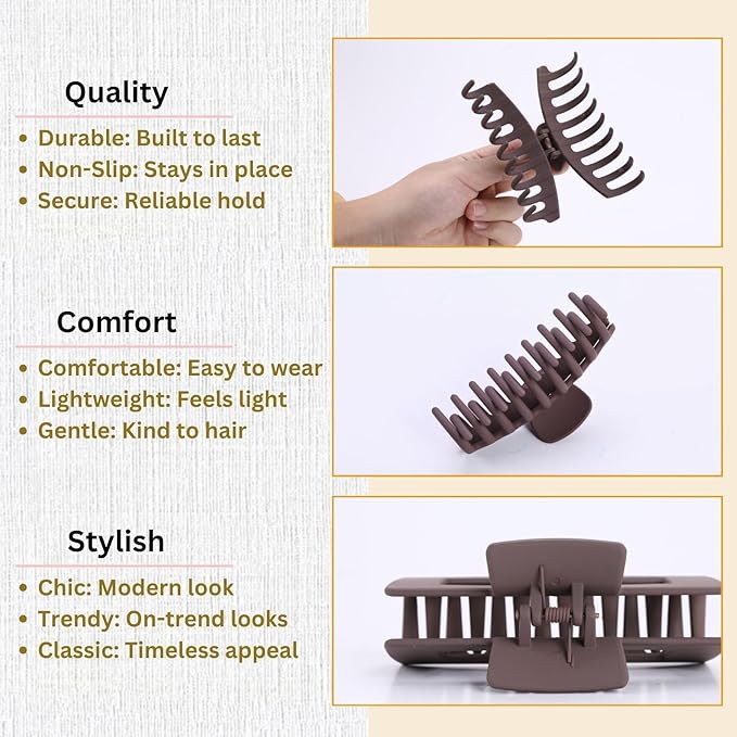 Brown Hair Clips for Women - 8 Pack 4.3 Inch Large Matte Banana Claw Clips for Women Thin Thick Curly Hair, Big Strong Hold jaw