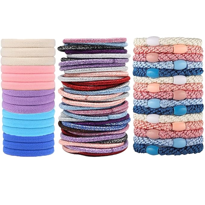 Hair Ties for girls 3 popular styles hair accessories Hair Elastics (15pcs No Damage Hair Ties 50pcs High Elastic Ties 15pcs Ponytail Holders) Pain-free No Crease multiple colors for all hair types