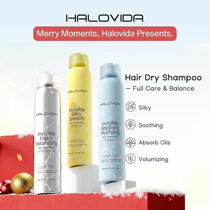 HALOVIDA Dry Shampoo Pack of 3, Dry Scalp Shampoo Spray for Dark Hair Leaves No White Residue, Absorb Oils, Volumizing & Refresh Hair for 72 Hours, 5.07 Fl Oz (Osmanthus Grove+Toyoko Yuzu+Coastal Air)