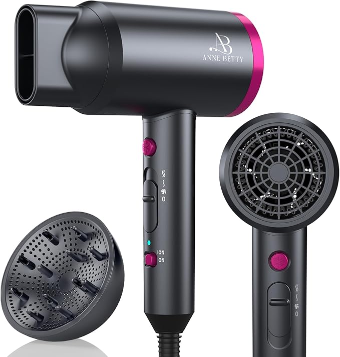 Ionic Hair Dryer with Diffuser, Powerful 1800W Blow Dryer for Women & Men, Fast-Drying Hair Dryer with Nozzle for Home, Salon, Travel