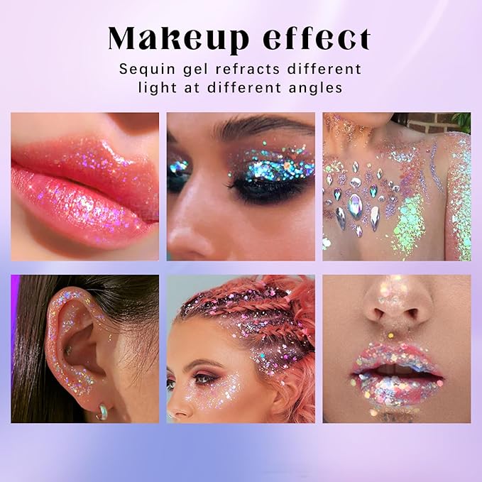 2 Colors Roll-on Body Glitter Gel, Holographic Glitter Gel Under Light for Face Hair, Body Shimmer for Rave Accessories Christmas New Year Halloween Makeup (9+10)