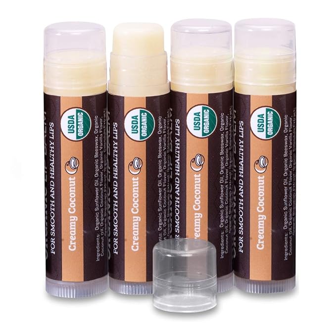 Earth's Daughter USDA Organic Lip Balm Stocking Stuffers 4-Pack Creamy Coconut Flavor - Beeswax, Coconut Oil, Vitamin E - Best Lip Repair Chapstick for Dry Cracked Lips