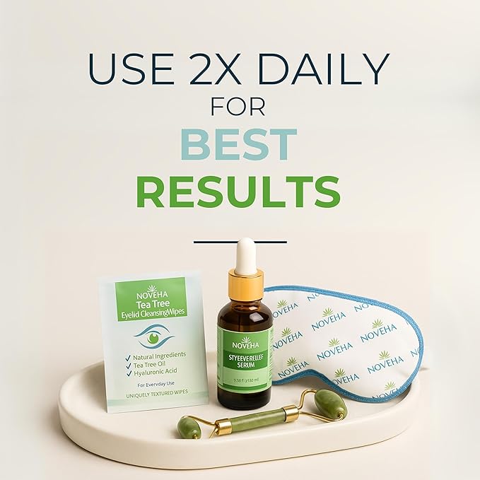 NOVEHA 120Pcs Tea Tree Oil Eyelid & Lash Wipes With Hyaluronic Acid, Green Tea & Chamomile For Blepharitis & Itchy Eyes, Individually Wrapped Eyelash Wipes, Natural Makeup Remover & Cleanser (2 Pack)