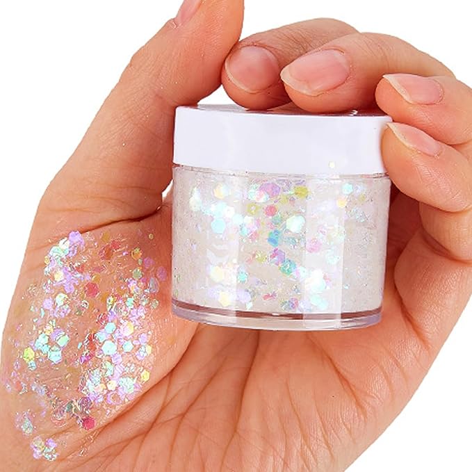 White Face Glitter Gel,Singer Concerts Festival Rave Accessories,Mermaid Body Glitter,Carnival Halloween Hair Glitter Sequins Face Glitter Paint Makeup,Sparkling Chunky for Women&Kids