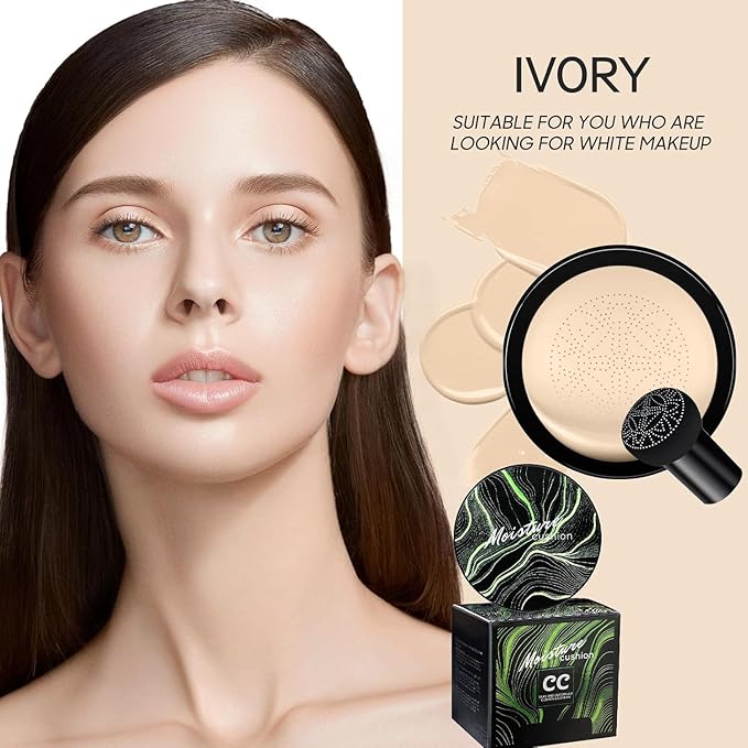 Mushroom Head Air Cushion CC Cream - Tattoo Cover up BB Cream Foundation Makeup Moisturizing Concealer Long-Lasting, Cushion Foundation Full Coverage Self Adjusting for All Skin Types(Ivory)