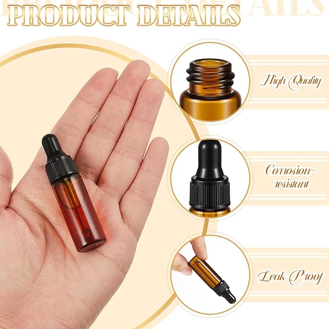 200 Pcs Mini Glass Oil Dropper Bottle Bulk, Clear Essential Small Empty Bottles Sample Containers Perfume Liquid Vials with Cap for Traveling (5 ml,Amber)