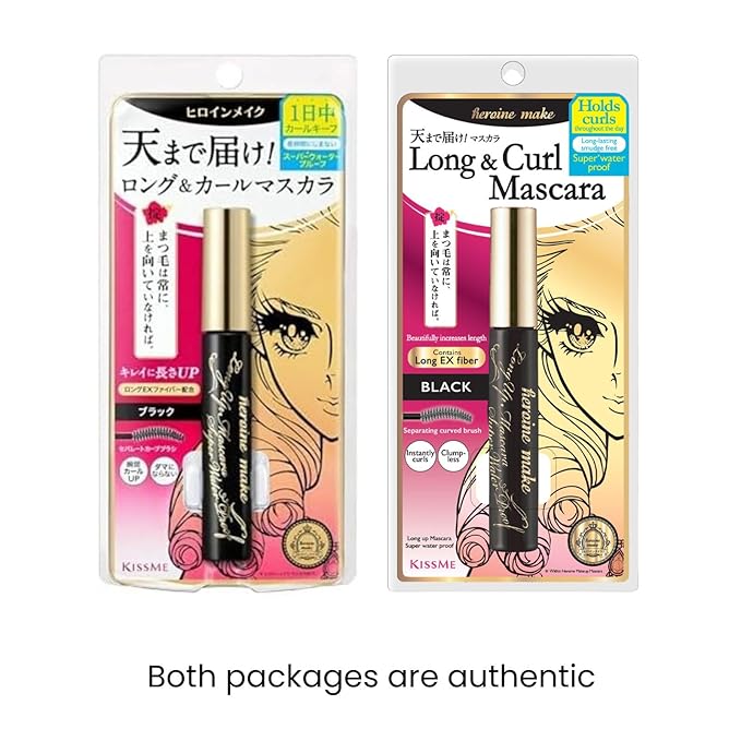 HEROINE MAKE by KISSME Waterproof Mascara Black | Volume and Length by Defining Fiber for Long and Curl Eye Makeup for Women + Gentle Mascara Remover Oil Free, Made in Japan, 2 Set