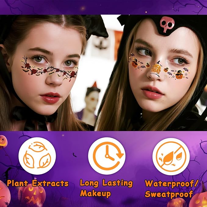 12pcs Halloween Glitter Freckles Face Tattoos Makeup Patches with Pumpkin, Bat, Spider, Witch, Skull, Love Heart, Flowers Design, Face Temporary Tattoos for Adults Kids Rave Accessories