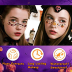12pcs Halloween Glitter Freckles Face Tattoos Makeup Patches with Pumpkin, Bat, Spider, Witch, Skull, Love Heart, Flowers Design, Face Temporary Tattoos for Adults Kids Rave Accessories