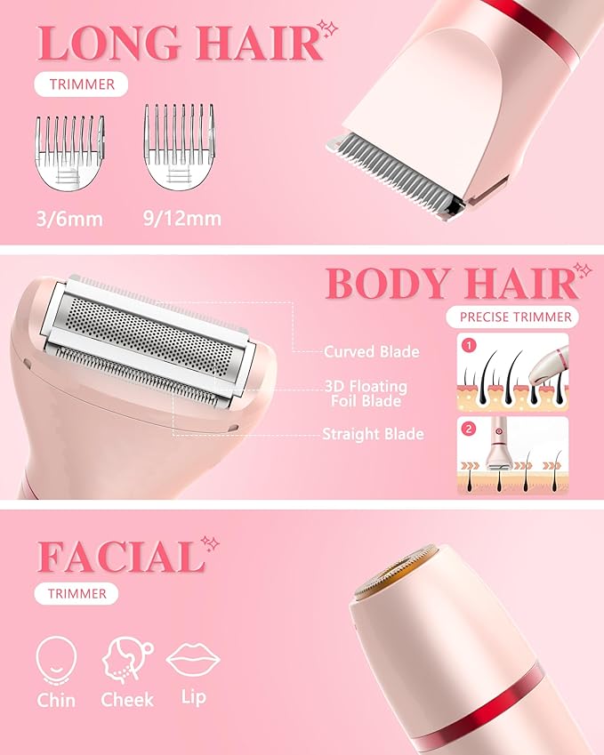 3-in-1 Bikini Trimmer for Women, Electric Razors Shaver for Public Hair - Rechargeable Body Hair Trimmer, Portable Detachable Removal Kit, lPX7 Waterproof Lightweight with LED Display, Gift for Women