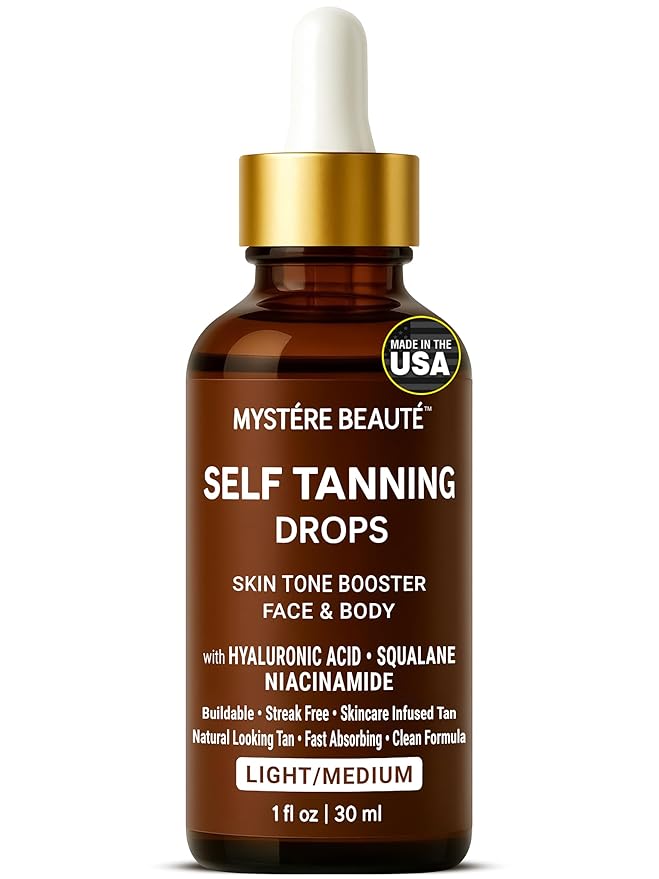 Hydrating Self Tanning Drops – LIGHT/MEDIUM – Face & Body Tint with DHA, Hyaluronic Acid, Squalane & Niacinamide – Natural-Looking Tan – MYSTERE BEAUTE – 1 fl oz