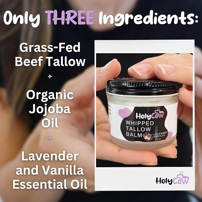 HolyCow Beef Tallow For Skin - Whipped Tallow Balm with Organic Jojoba Oil, Grass Fed Beef Tallow Face Moisturizer for Eczema, Baby, Lip Balm - Lotion For Extremely Dry Skin (Lavender Vanilla)
