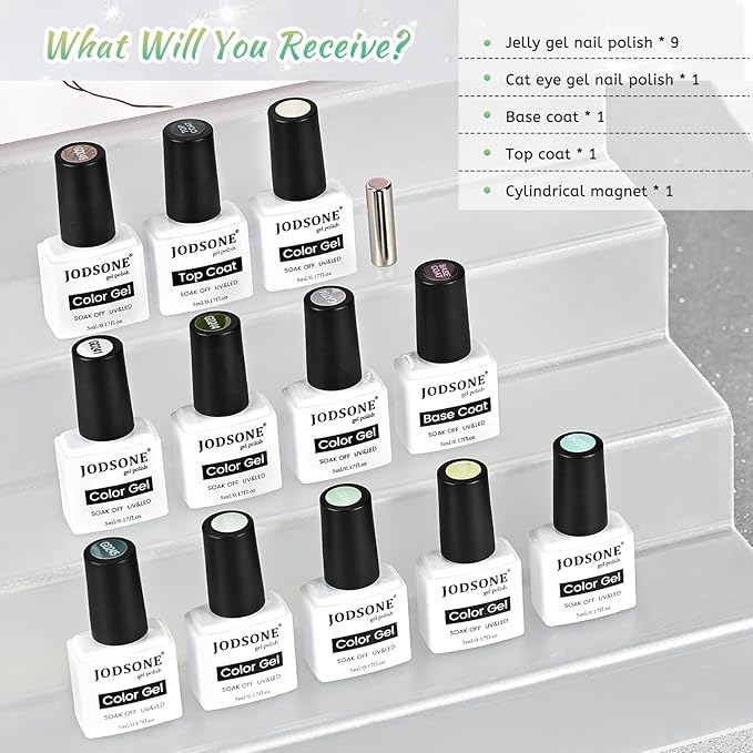 JODSONE 9 Green Colors Jelly Gel Nail Polish Set with Base Coat Top Coat Women's Holiday Gifts