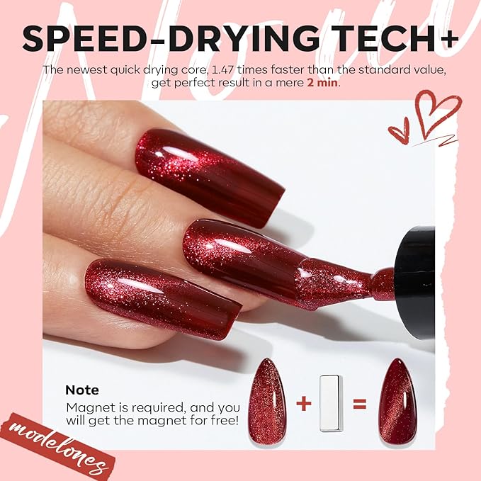 modelones Nail Polish Set 6 Colors, Dark Red New Year Cat Eye Burgundy Glitter Quick Dry Mini Nail Lacquer Kit Magnetic Maroon Purple Cherry DIY Home Nail Art Manicure Gifts for Women Girls