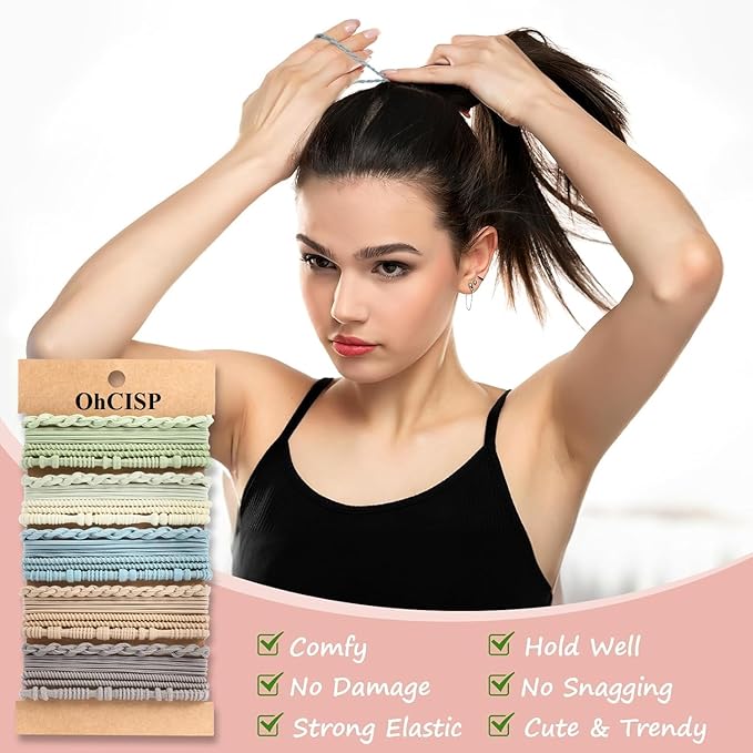 20 PCS Hair Ties and Bands, 4 Styles Cute Blue Boho Hair Accessories for Thick or Thin Hair - No Damage Elastic Bracelets with Beads for Girls and Women