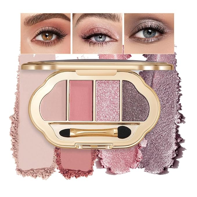 4-Color Eyeshadow Palette, Matte & Shimmer Neutrals, Highly Pigmented & Blendable, Everyday Natural Makeup, Travel-Friendly Compact, Smoky Pink Rose