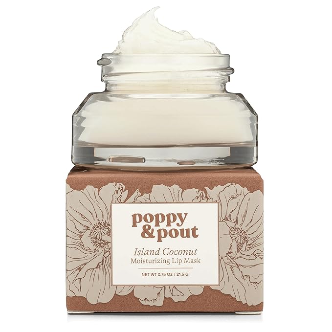 Poppy & Pout Island Coconut Overnight Lip Mask – Natural Lip Care with Shea Butter & Beeswax – Cruelty Free, Recyclable Glass Jar (0.65 oz)