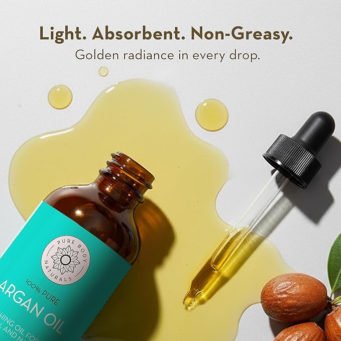 Pure Body Naturals Argan Oil for Skin and Face - 4 fl oz Cold Pressed, Light, Non-Greasy, Nourishing Pure Argan Oil for Hair - Aceite de Argan