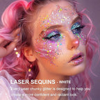 Face Body Glitter Set for Women and Kids, White Silver Pink Holographic Mermaid Sequins Chunky Glitter Makeup for Festival Rave Outfits Accessories, Sport, Wedding Season, Valentine's Day