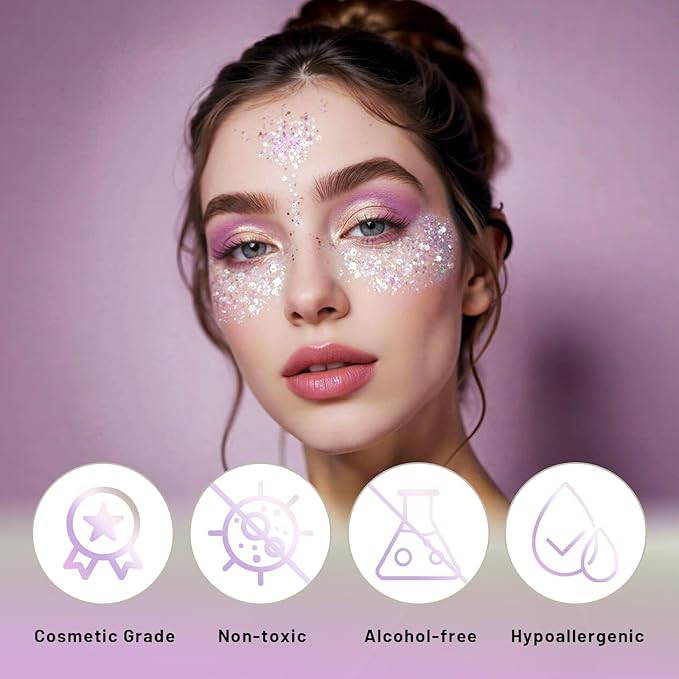 DAGEDA Silver Pink Body Glitter Gel, Holographic Face Glitter Rave Party Accessories, Chunky Glitters for Hair Eyes Nails, Cosmetic Laser Powder Festival Sequins Paint Makeup