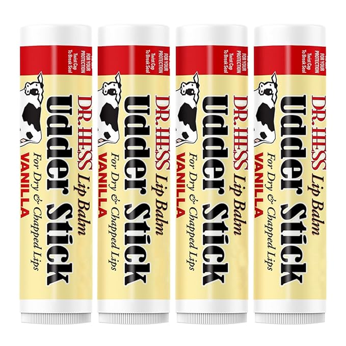 Dr. Hess Original Udder Stick SPF Lip Balm, Soothing Moisturizer Sun Screen Balm for Dry Lips with Jojoba, Beeswax & Shea Butter, Total Lip Care, Hydration & Repair, Vanilla Flavor, 4 Pack