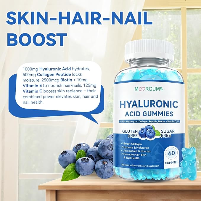 1000mg Hyaluronic Acid & Collagen Peptide Supplements with Biotin, Vitamins C & E - Hair Skin Nails Joints Health Support for Men & Women, Hair Growth, Blueberry Flavor, Gluten-Free 120 Gummies