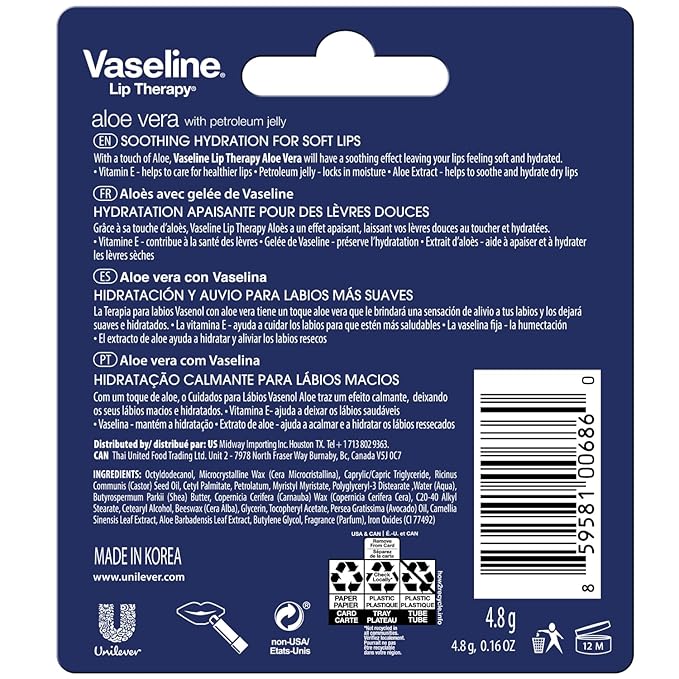 Vaseline Lip Therapy Aloe Fresh 12-Pack – Moisturizing Lip Balm for Very Dry Lips, 0.16 Oz Ea