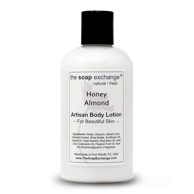 The Soap Exchange Body Lotion - Honey Almond Scent - Hand Crafted 8 fl oz / 240 ml Natural Artisan Skin Care for Hand, Face, & Body, Moisturize, Hydrate, & Protect. Made in the USA.
